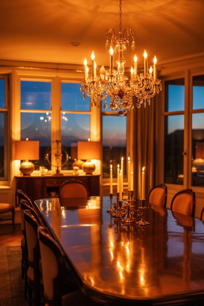 A beautifully styled dining room at dusk, highlighting the glow of multiple light sources