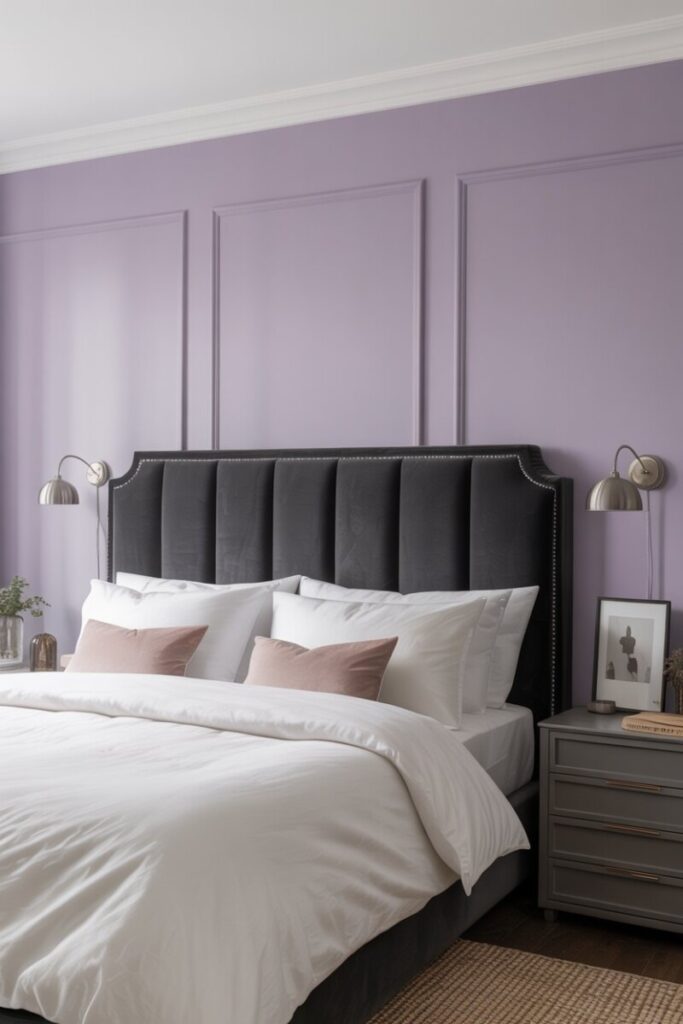 A bedroom with a lavender feature wall, charcoal velvet headboard, crisp white bedding, and polished nickel sconces. Calm, editorial, and quietly dramatic.