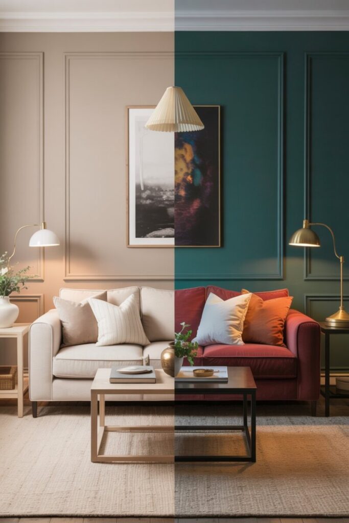 A before and after living room photo showing the same room with a neutral palette vs. a mood-first palette.