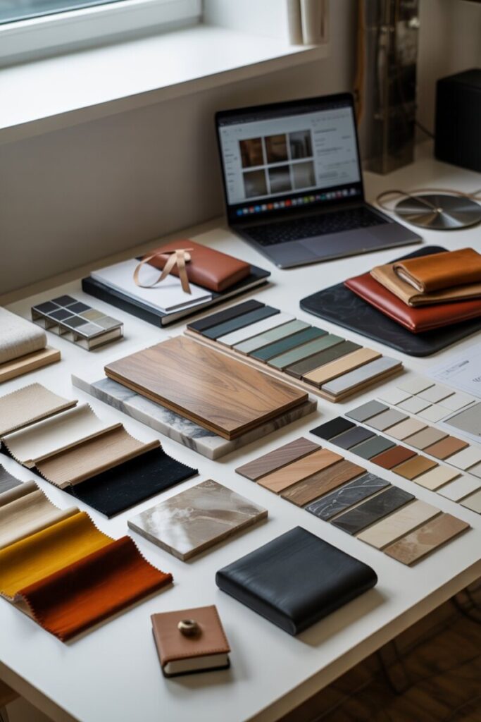 A close-up of a designer's desk showing the material selections for the room.