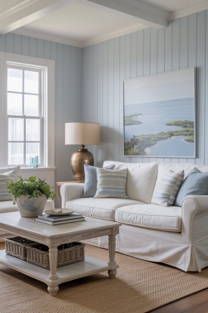 A coastal living room with powder blue walls, crisp white trim, a bleached-oak coffee table, a slubby linen sofa, and aged bronze hardware. Airy without being kitschy.