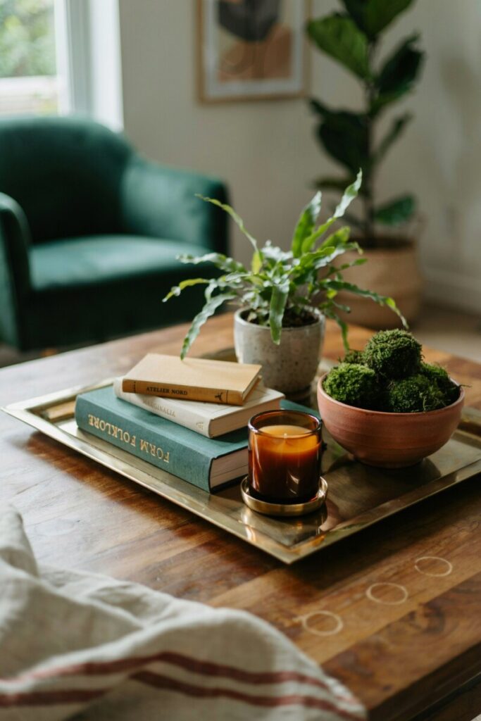 A coffee table styled with a stack of three art books