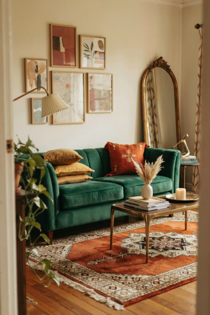 A deep emerald velvet sofa anchored by a hand-knotted rug in rust and cream becomes the foundation