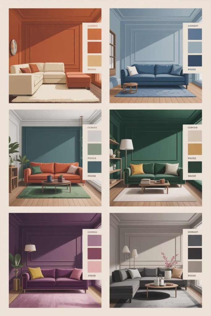 A grid layout showing five living rooms, each a different color family, with palette swatches overlaid.