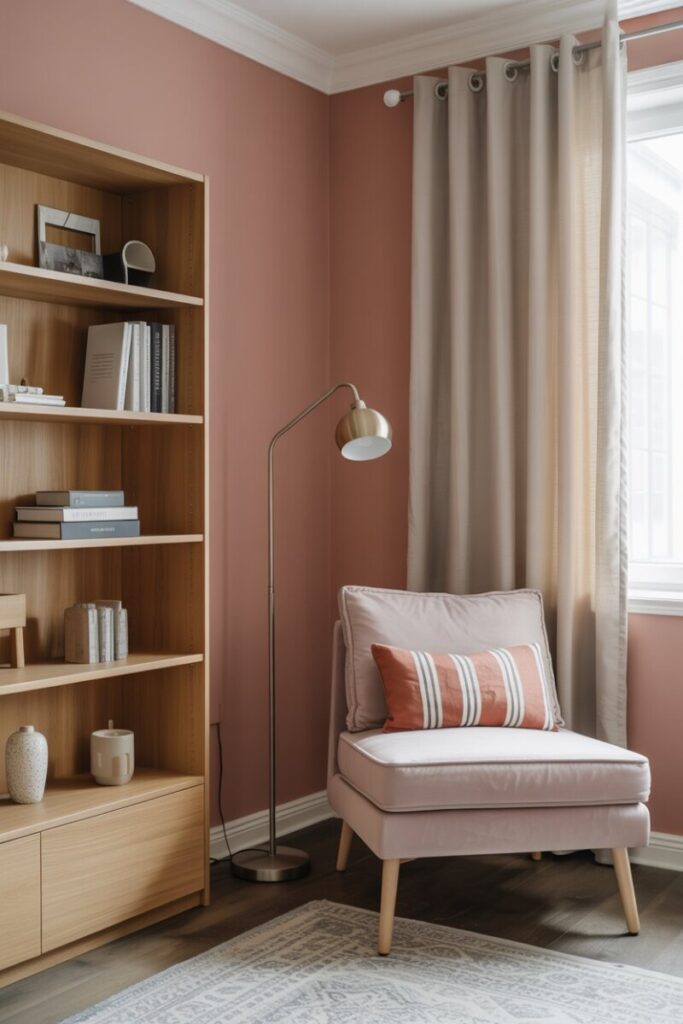 A reading corner painted in dusty rose, anchored by a light oak bookshelf, warm gray linen curtains, and a single brass floor lamp. Soft, Scandinavian, and completely timeless.