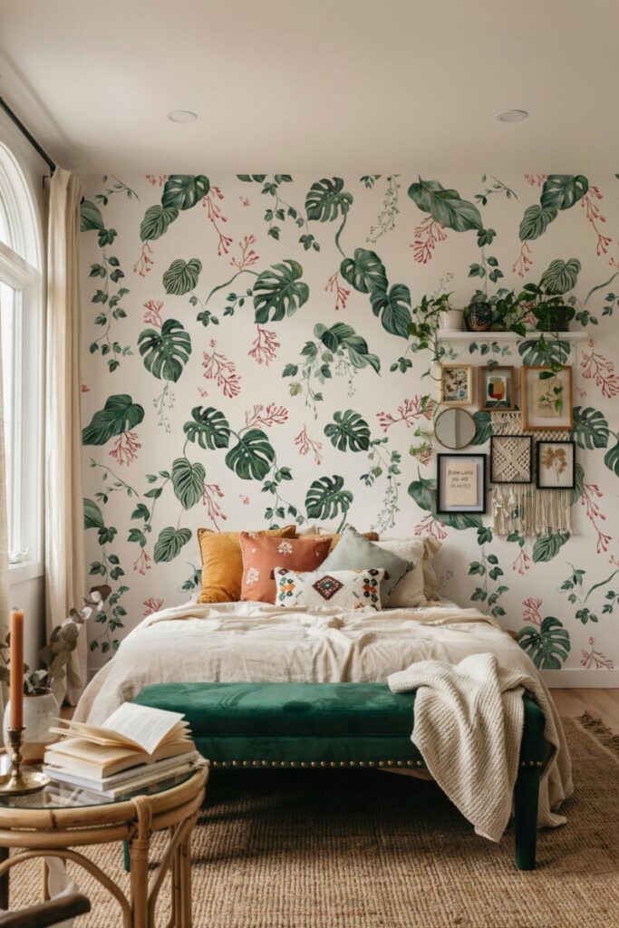 A renter's bedroom styled with removable wallpaper behind the bed