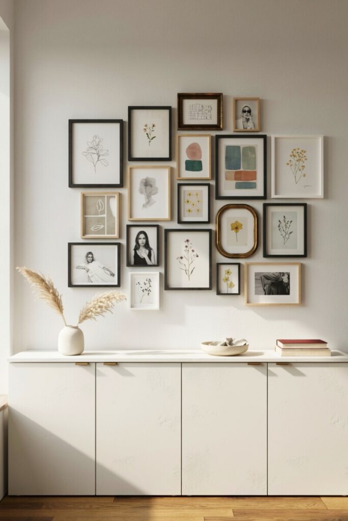 A salon-style gallery wall above a simple plaster-white credenza gives the eye a place to pause