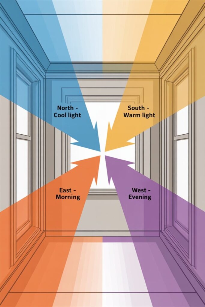 A simple diagram of a room showing window direction arrows and light-bounce zones. Alt text Diagram illustrating how north, south, east, and west-facing windows affect paint color perception in a dark room.