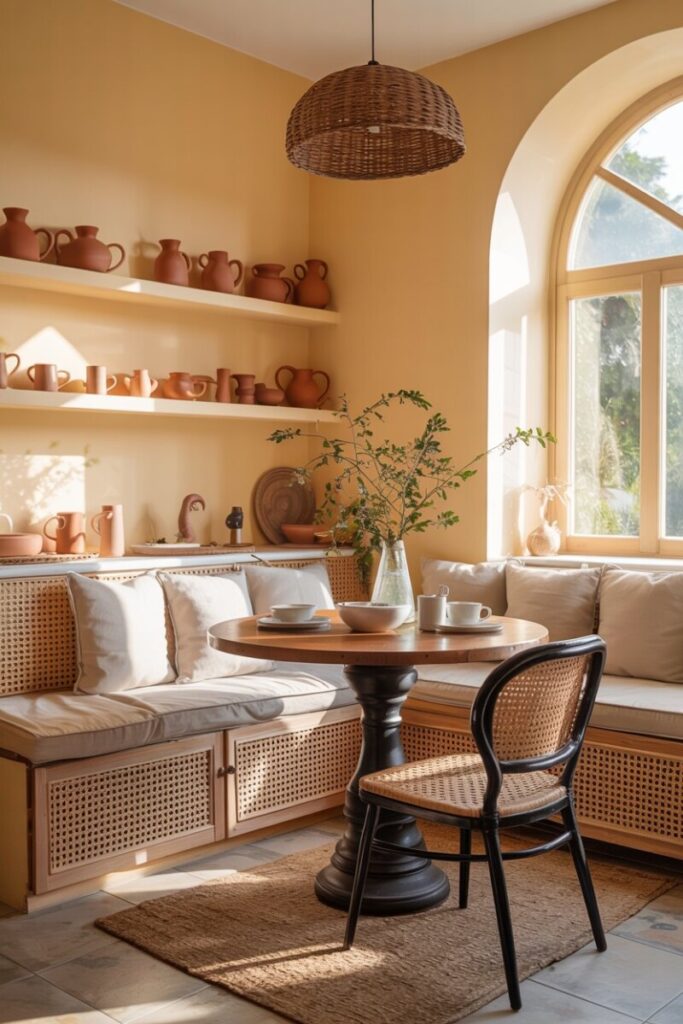 A sunlit breakfast nook with pale butter-yellow walls, a rattan banquette, greige linen cushions, and terracotta ceramics on open shelving. Warm, sunny, effortlessly inviting.