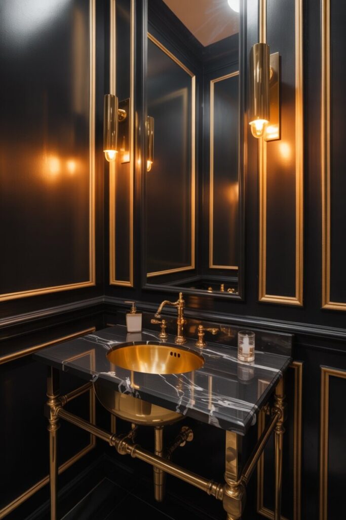 Black and gold powder room with polished brass sconces and black marble vanity.