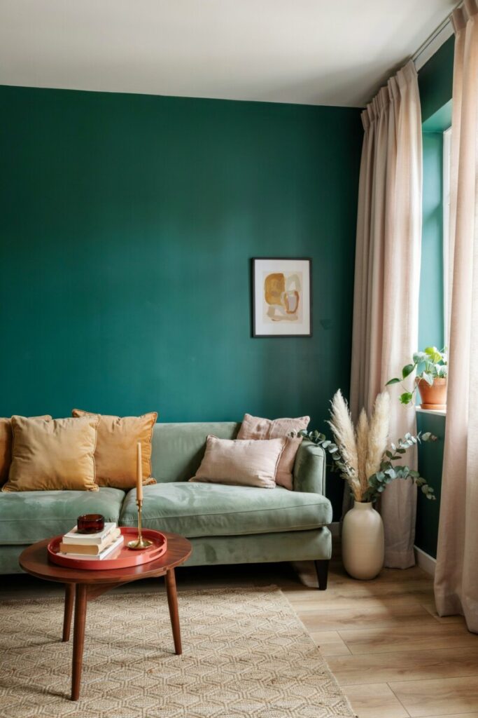 Emerald green walls (dominant) + blush linen curtains (secondary) + ochre velvet pillows and a lacquered coral tray 
