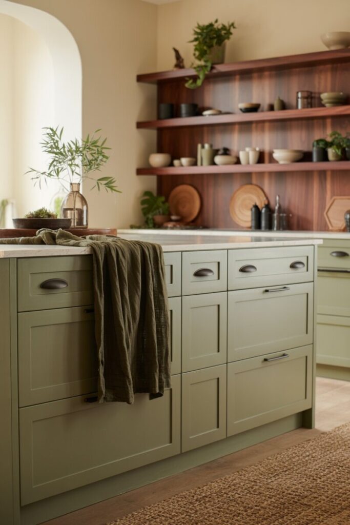 Kitchen island in muted sage with matte black pulls, warm cream walls, walnut open shelving, and a deep olive linen runner. Organic, grounded, and modern.