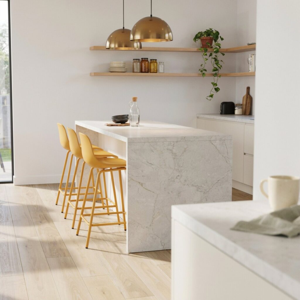 Kitchen with yellow bar stools, white island, marble countertop, and brass pendant lighting.
