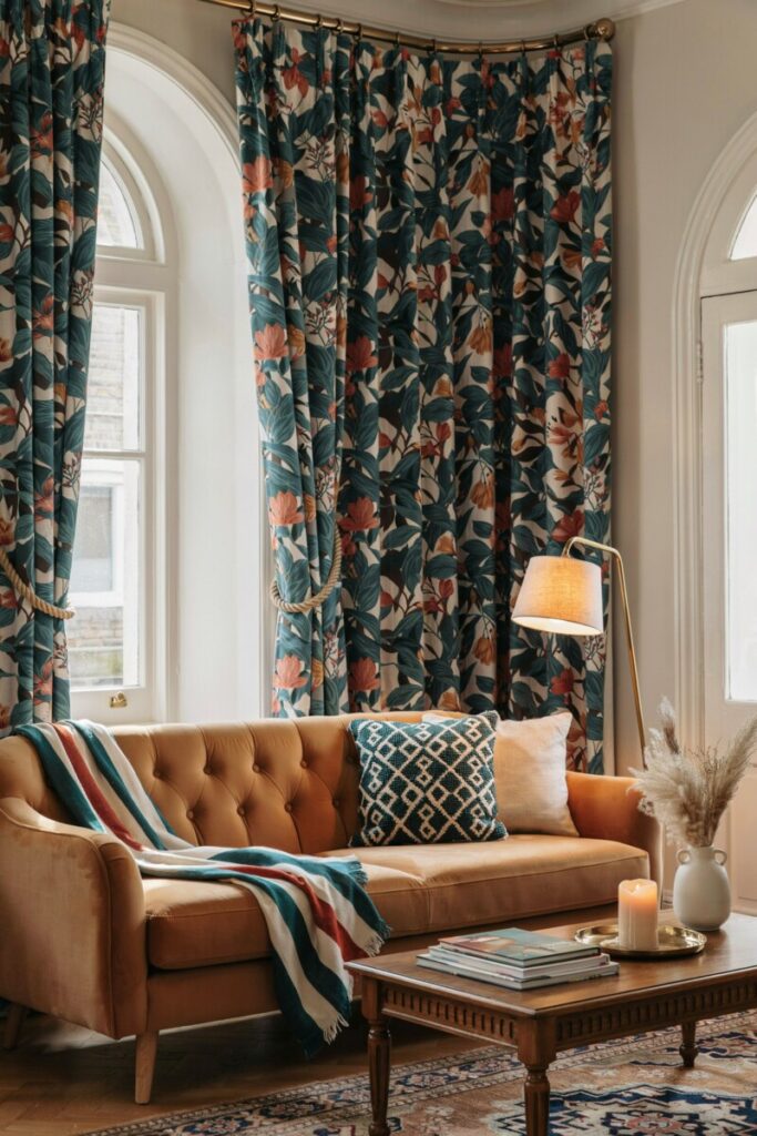 Large-scale floral curtains in a maximalist living room paired with a medium-striped