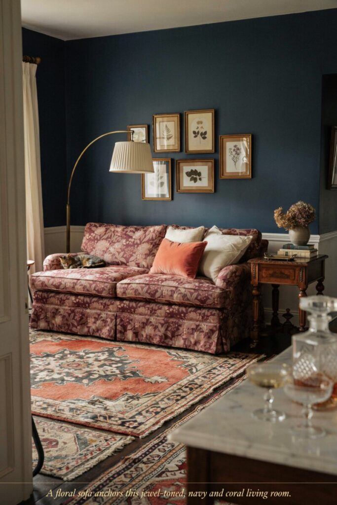 Living Room Navy & Coral