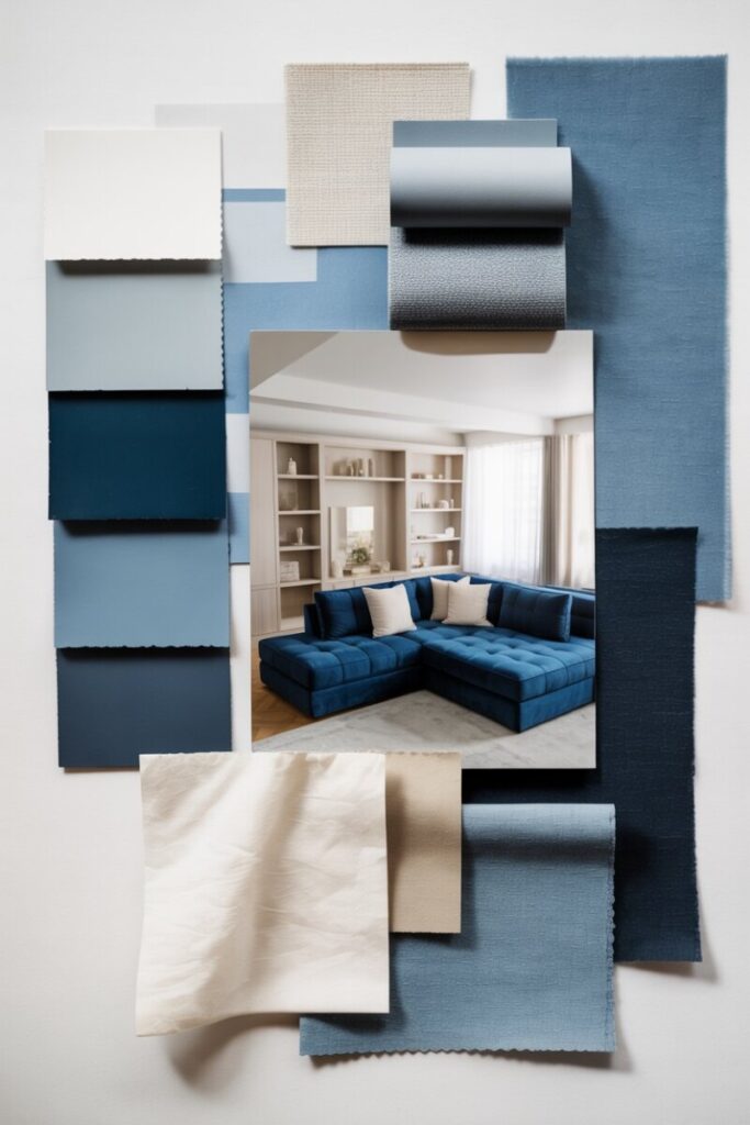 Mood board showing a blue-based palette with paint swatches, fabric samples, and a styled living room photo.