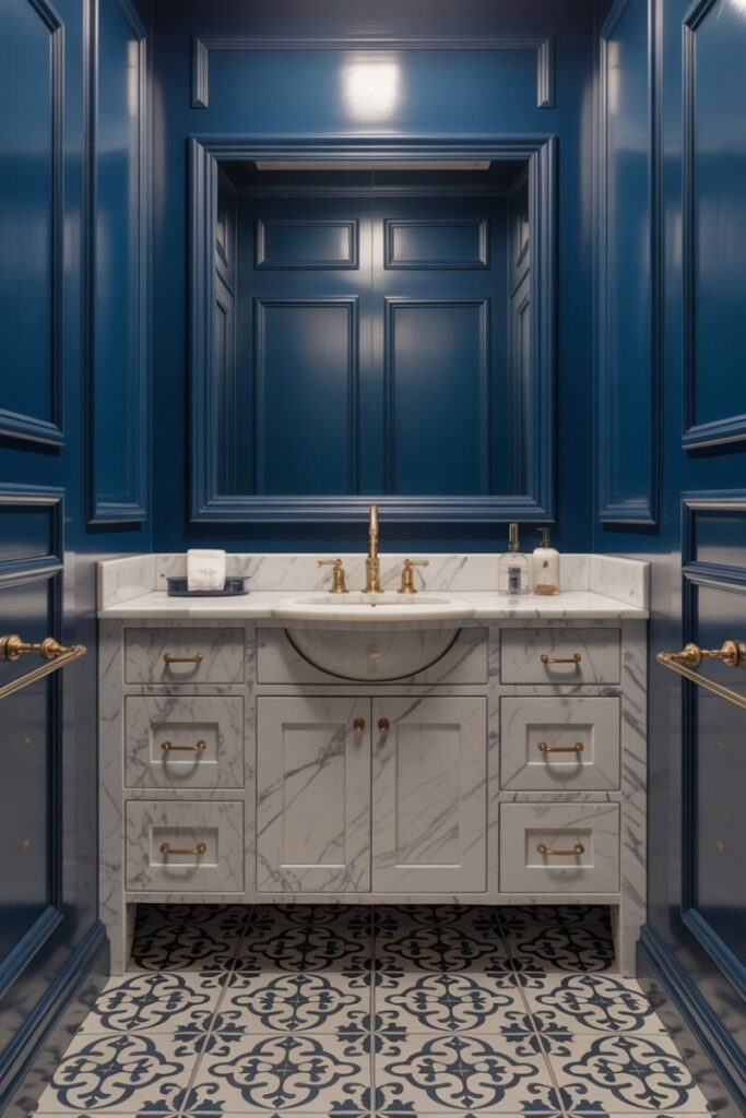 Navy blue bathroom with brass fixtures, white marble vanity, and patterned floor tile.