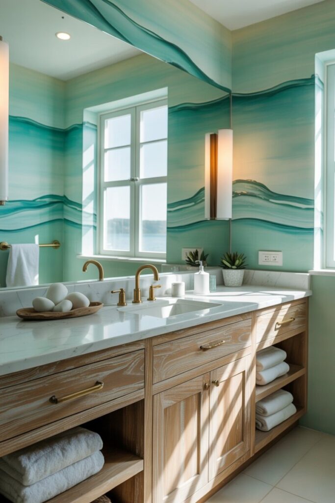 Sea glass green bathroom walls with white oak vanity and brass fixtures in a coastal spa-style bath
