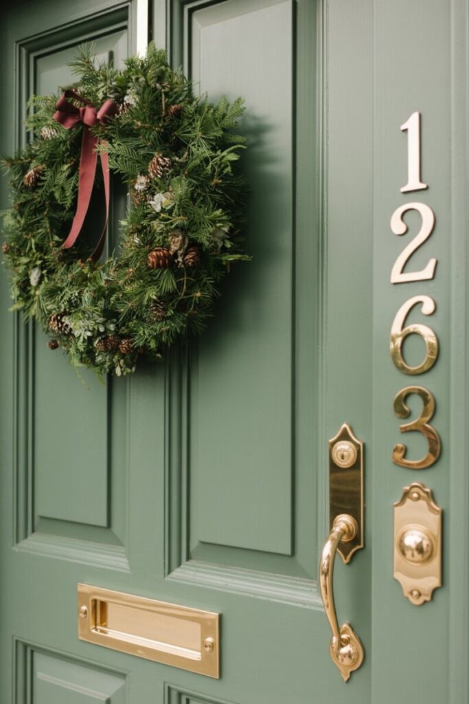 Front door color combinations with coordinated hardware and decor