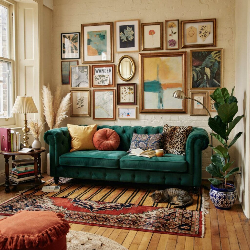 Vibrant maximalist living room, layered rugs, gallery wall