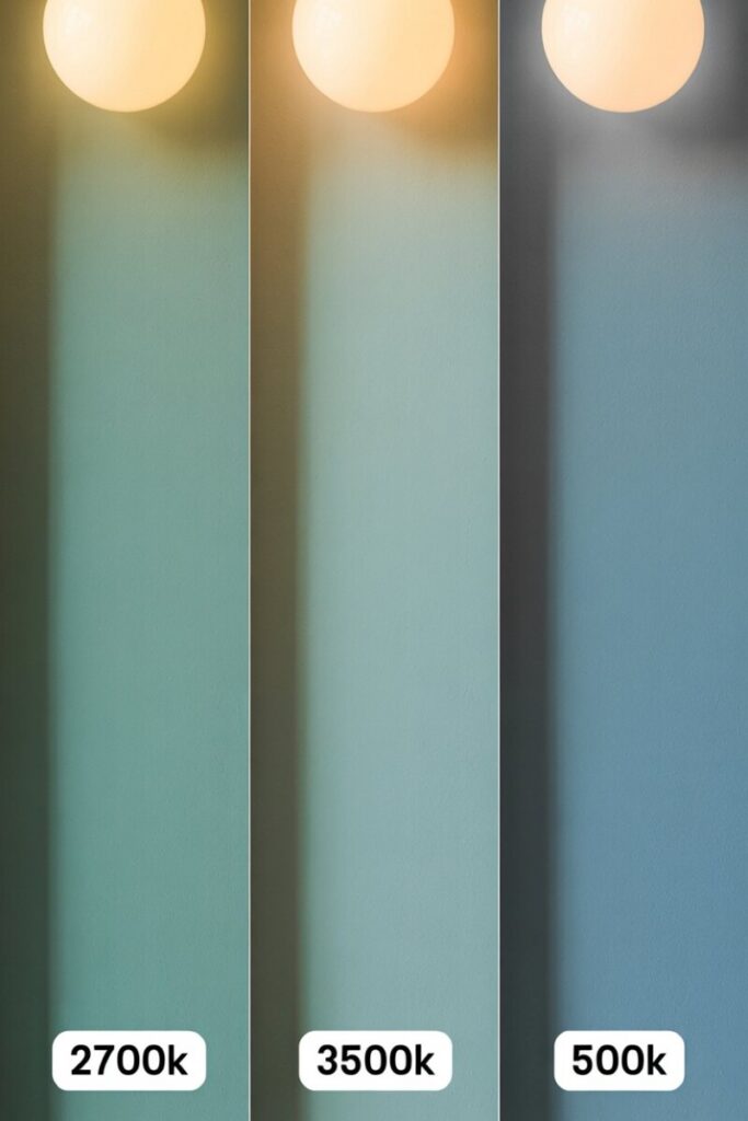 Side-by-side of the same teal paint under 2700K warm, 3500K neutral, and 5000K daylight bulbs. Alt text: "The same soft teal accent wall paint shown under three bulb temperatures to show how lighting shifts paint color.