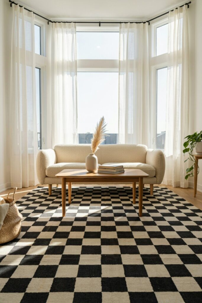 Anchor pattern with a neutral sofa and solid wood coffee table to create a grounded, sophisticated living space.