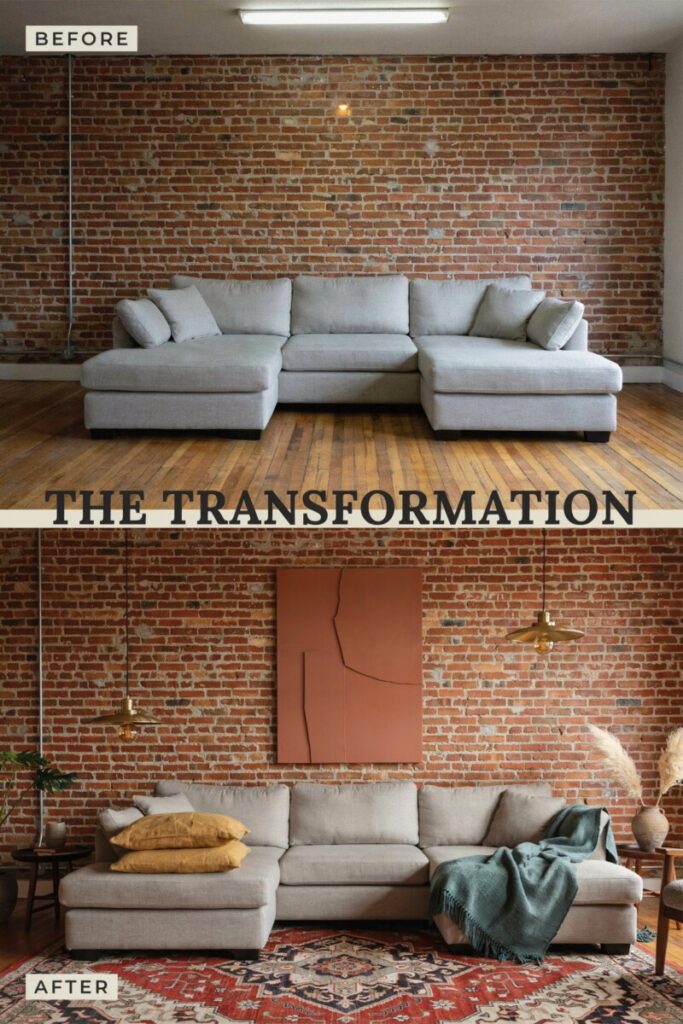 Before and after living room renovation showing industrial space transformed with warm textiles