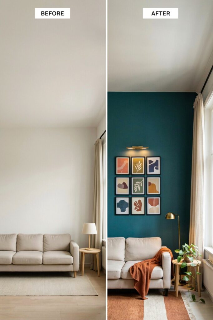 Before-and-after living room showing the impact of an accent wall.