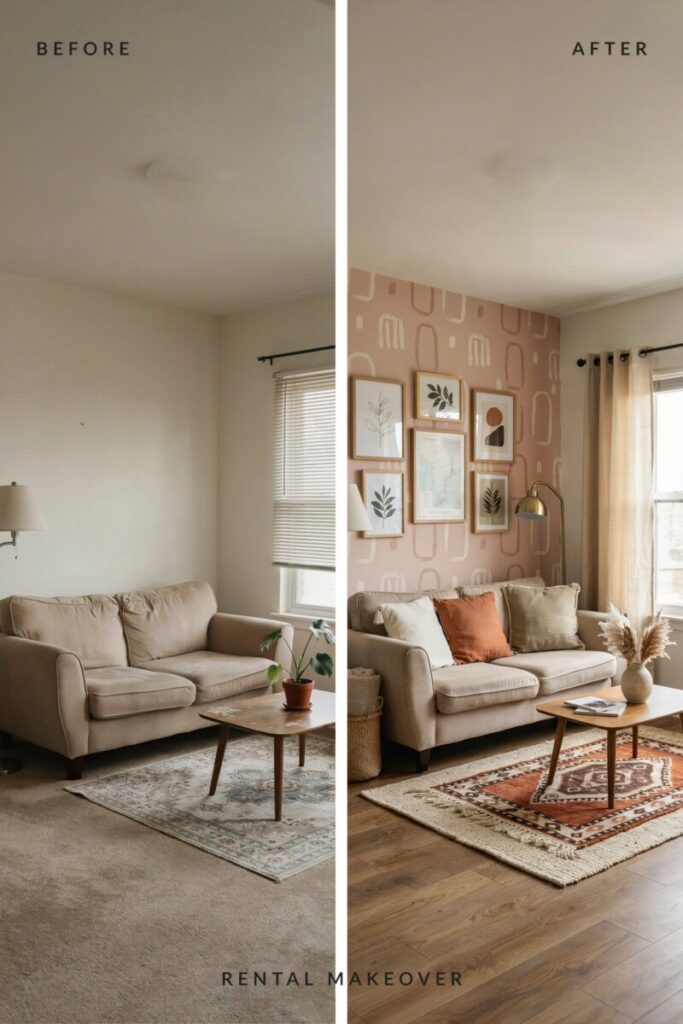Before and after renter-friendly bohemian decor transformation using peel-and-stick wallpaper.