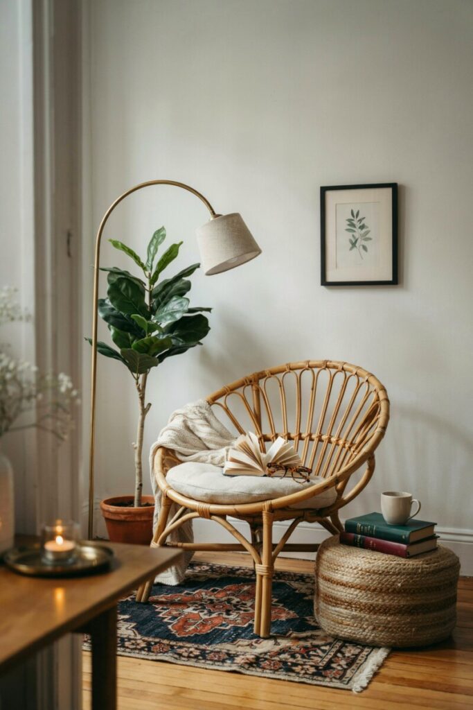 Boho chic furniture layout featuring a rattan reading chair, floor lamp, and woven pouf.