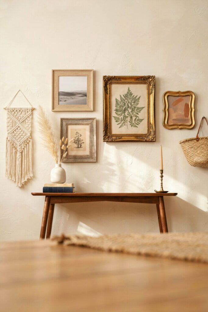 Boho wall gallery ideas featuring mixed frames, macrame, and woven textiles above a console.