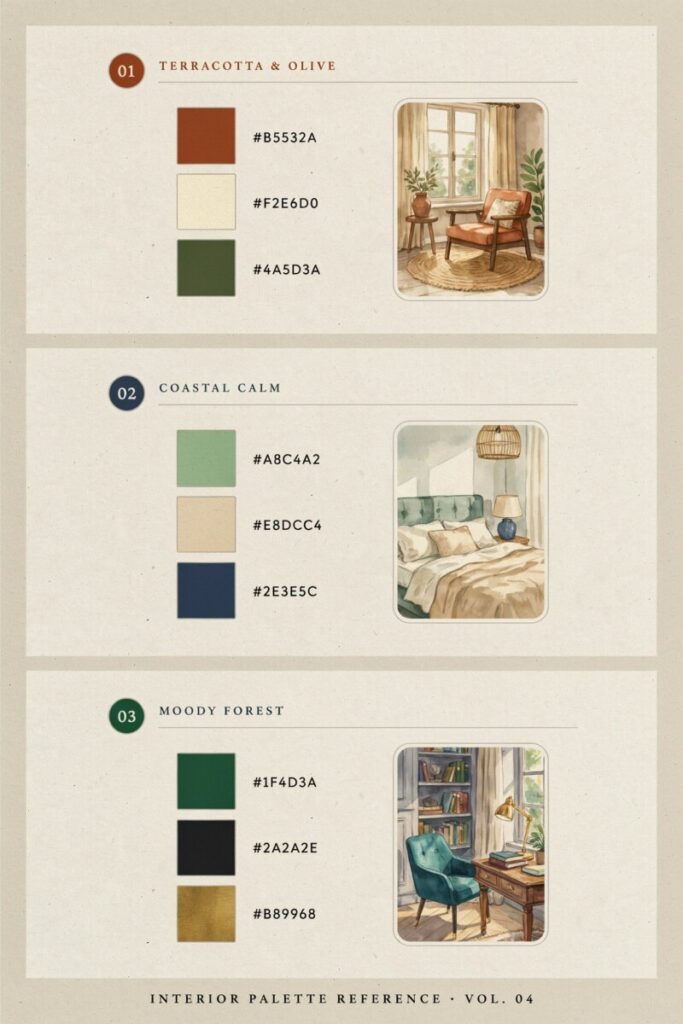 Bold color palette swatches with hex codes for whimsical decor