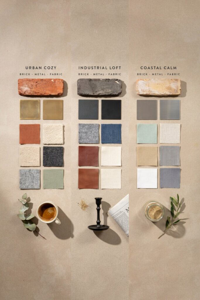 Color palette mood boards for industrial decor featuring terracotta, mustard yellow, and teal accents next to brick and metal swatches