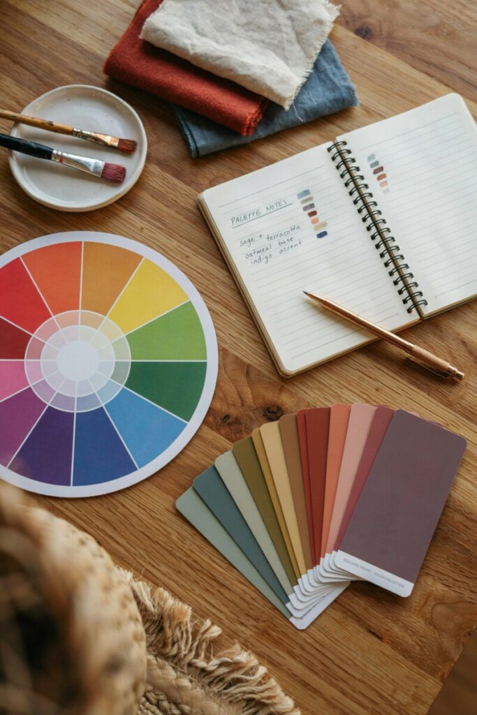 Color wheel and paint swatches laid out for choosing a color palette