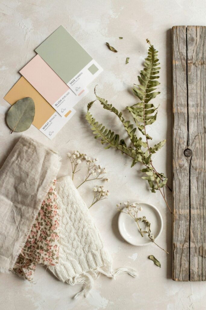Cottagecore interior design mood board featuring nature-inspired color swatches