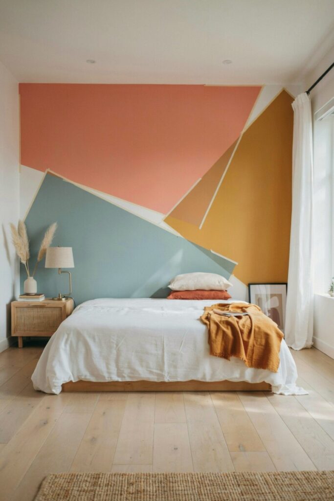 DIY painted geometric accent wall using painter’s tape