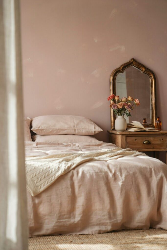 Dreamy cottagecore bedroom with dusty rose walls, blush linen bedding, and an antique brass mirror reflecting a vintage rose muted pastel palette.