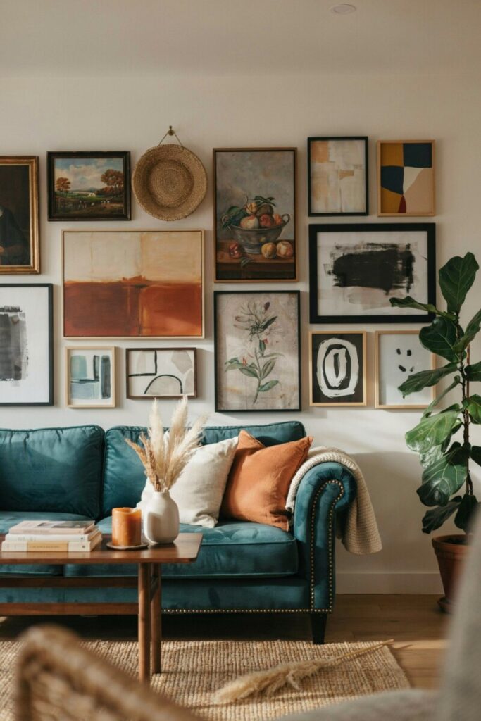 Eclectic Gallery Wall Above Velvet Sofa