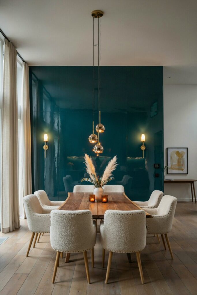 High-gloss teal accent wall in a Hollywood Regency dining room.