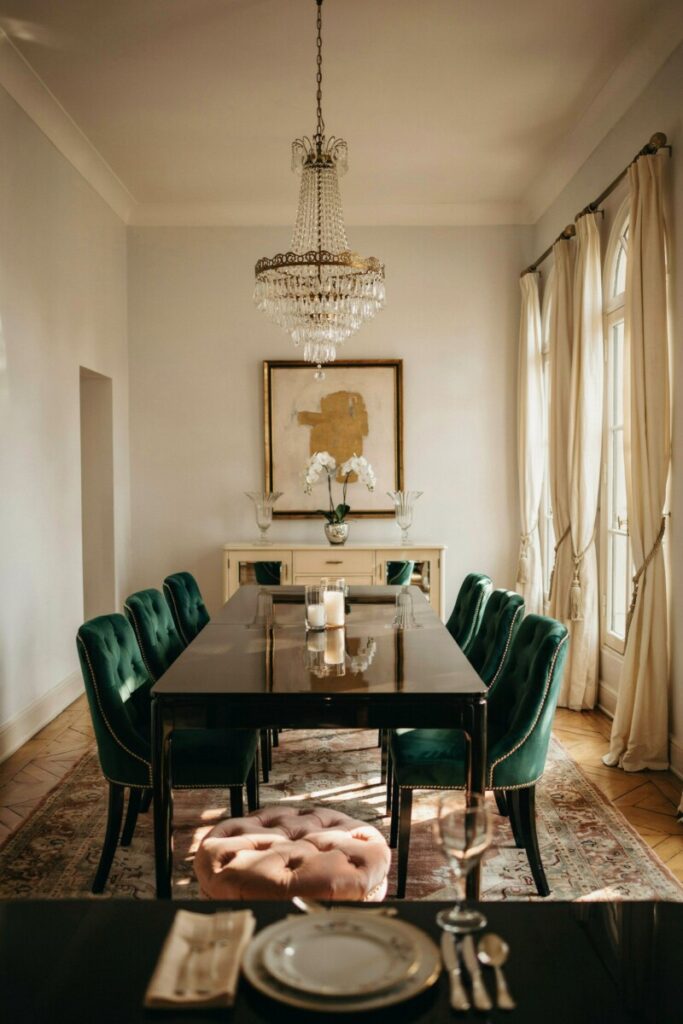 Hollywood Regency dining room featuring lacquer finishes and velvet upholstery