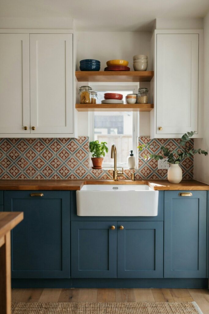 Kitchen featuring colorful cabinets and patterned backsplash.