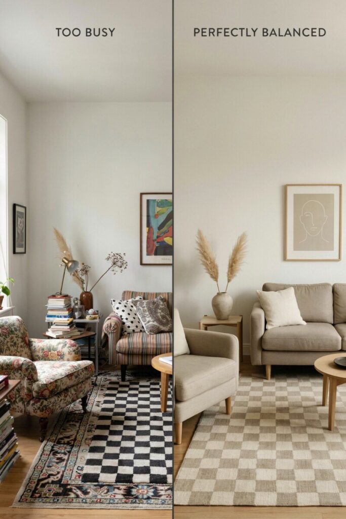 Low-contrast checkerboard softens a small room, while high-contrast, small-scale checks can cause visual fatigue