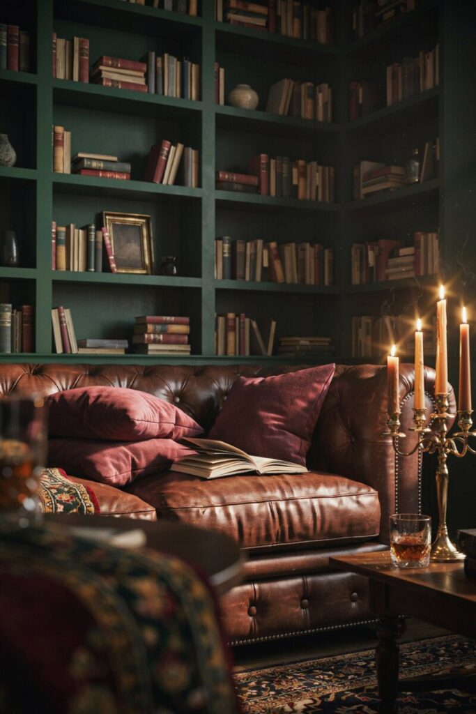 Moody cottagecore living space with deep forest green walls