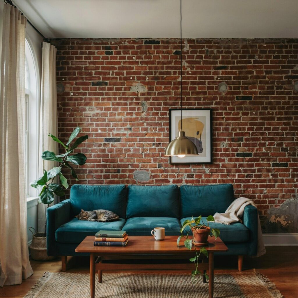 Photo of a living room with an exposed brick wall, teal sofa, and brass pendant