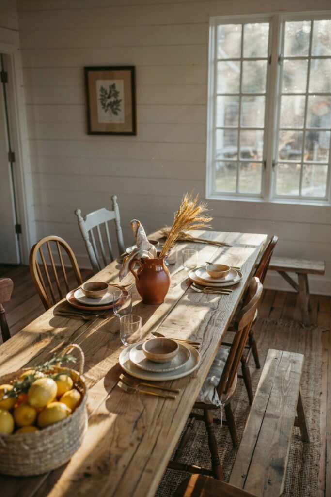 Rustic farmhouse dining table with a terracotta pitcher and dried wheat showcasing a sunlit earth and wheat farmhouse color palette.