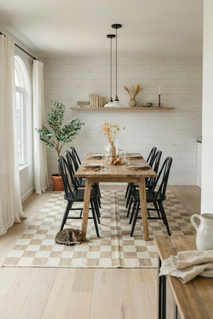 Softened neutral checks and rustic textures create a warm, inviting modern farmhouse dining space