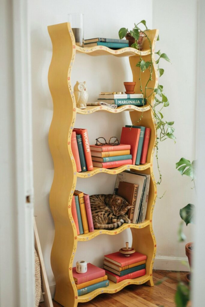 Statement decor pieces including a sculptural bookcase and quirky vintage furniture