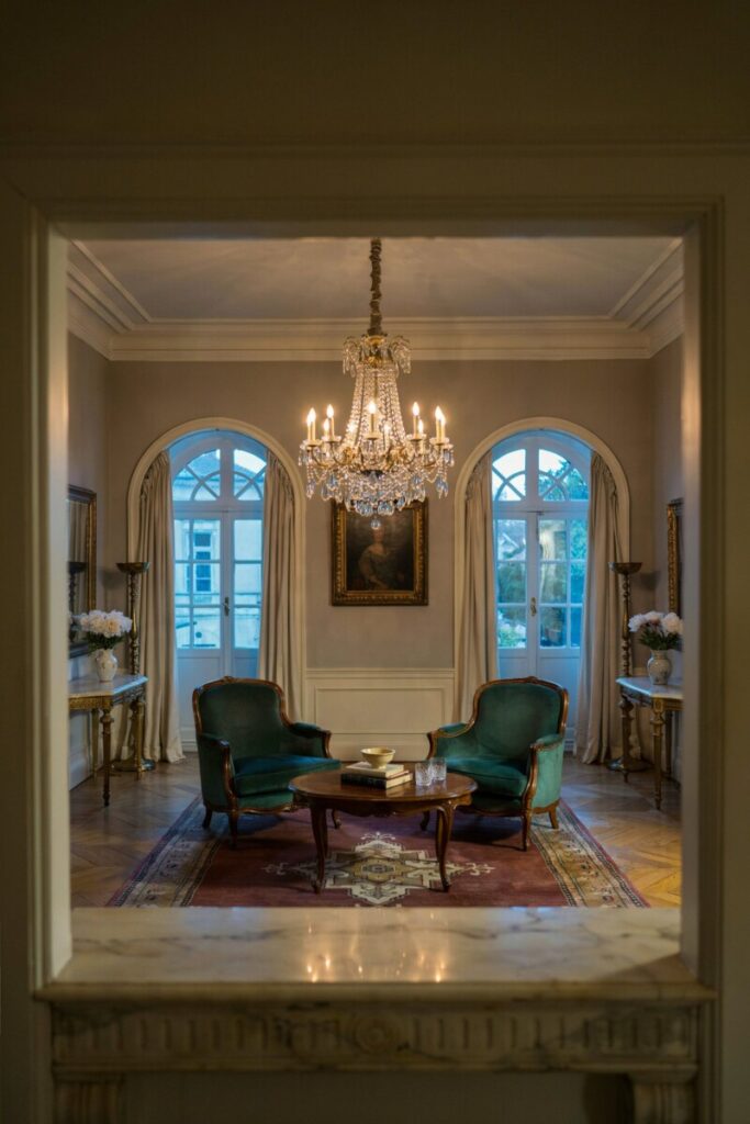 Symmetrical Hollywood Regency living room with velvet upholstery and statement lighting.
