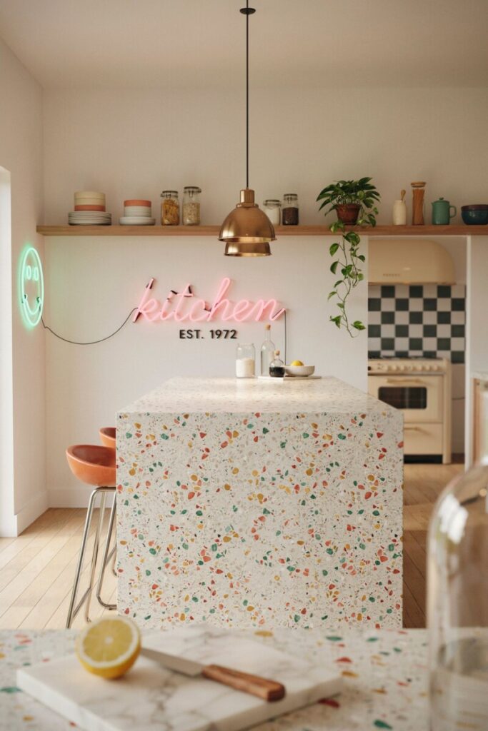 Terrazzo countertop with neon accents modern retro kitchen