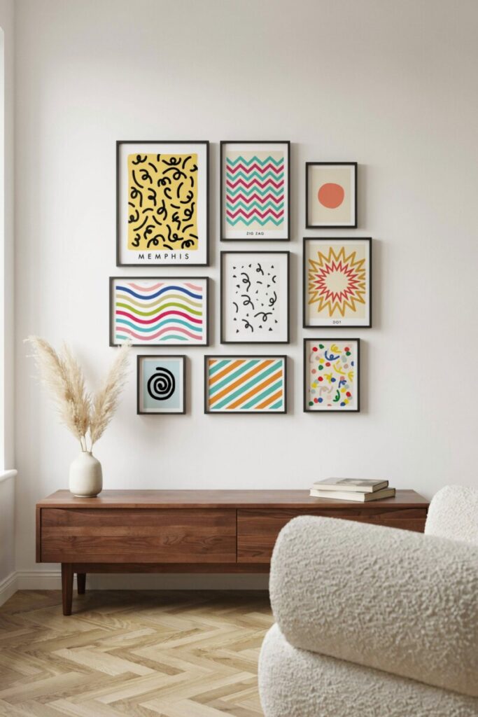 Gallery wall featuring Memphis patterns squiggles and zigzags

Mix pattern and shape for a playful focal wall.